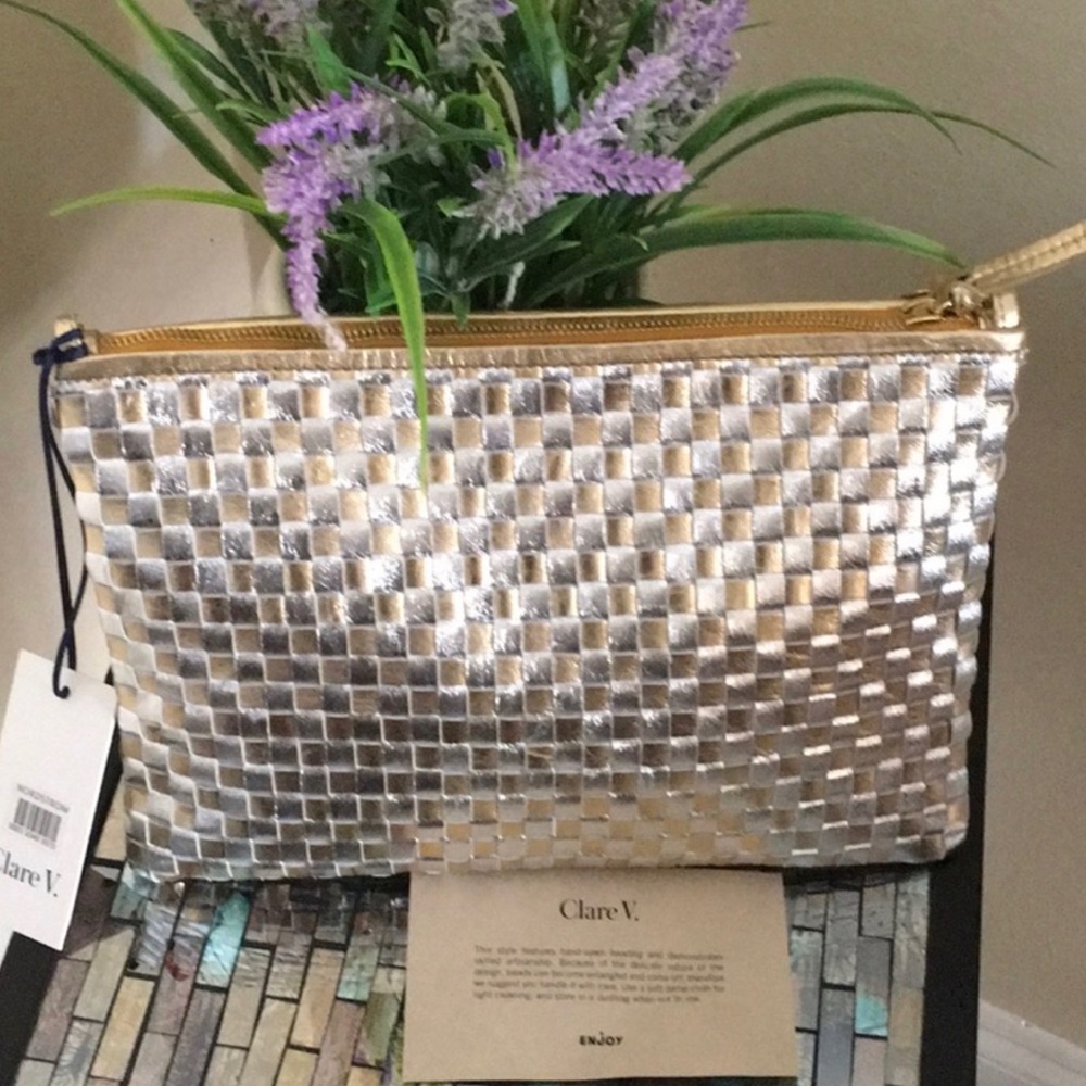 Clare V. Woven Metallic Leather Clutch with Tabs